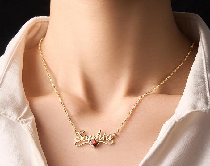 Personalized Name Necklace, Heart Birthstone, Custom Jewelry Gift, Mother's Day Gift