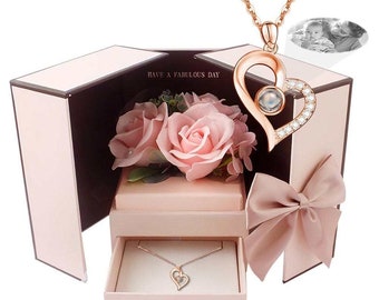 Custom Photo Projection Necklace With Eternal Flower Gift Box, Keepsake gift for bride, Memento gift for wife, Platinum or Rose gold finish