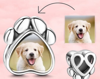 Custom Dog Paw Photo Charm, 925 Sterling Silver, Pandora Charm, Customizable Charm, Pet loss gift, Pet lover gift, Dog lover gift