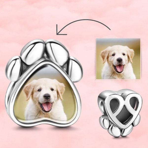 Custom Dog Paw Photo Charm, 925 Sterling Silver, Pandora Charm, Customizable Charm, Pet loss gift, Pet lover gift, Dog lover gift