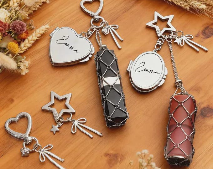 Personalized Lipstick Keychain with Mirror, Metal Lipstick Charm, Bridesmaids Gifts