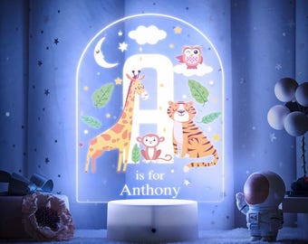 Personalized Animal Alphabet Night Light, LED Color Changing Nursery Decor