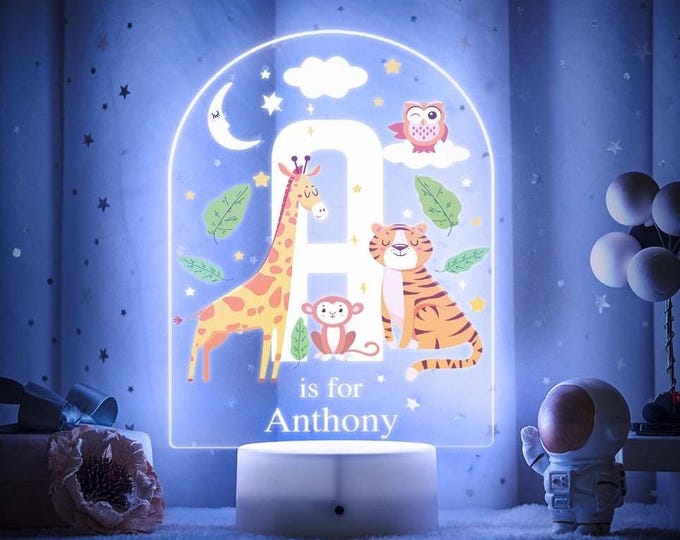 Personalized Animal Alphabet Night Light, LED Color Changing Nursery Decor