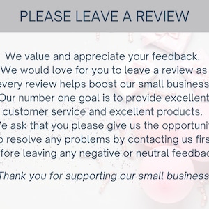 K&ouml;nnte beinhalten: Bild mit dem Text "PLEASE LEAVE A REVIEW". Der Text darunter gibt den Wert des Kundenfeedbacks an und bittet um Bewertungen, um das kleine Unternehmen anzukurbeln. Au&szlig;erdem bedankt er sich bei den Kunden f&uuml;r ihre Unterst&uuml;tzung.