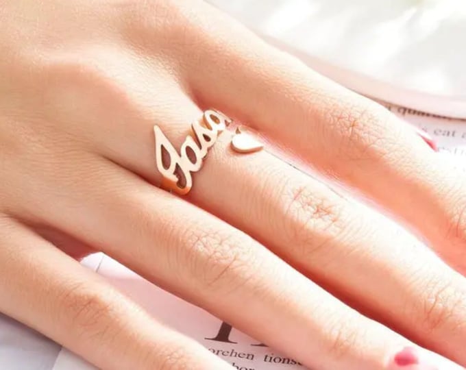 Personalized Name Ring: Stainless Steel Open Heart Adjustable Ring