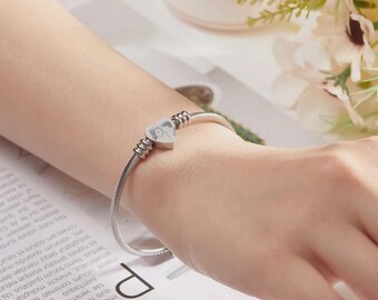 Personalized Stainless Steel Heart Photo Bracelet, Engraved Memorial Jewelry, Mother's Day Gift for Mom