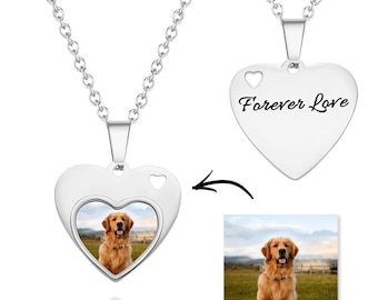 Custom Pet Photo Engraved Necklace, Personalized Heart Necklace, Pet Lovers Gift, Dog Lovers, Cat Lovers, Pet Loss Gift