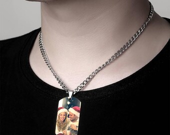 Custom Photo Engraved Stainless Steel Dog Tag Necklace, Personalized Gift