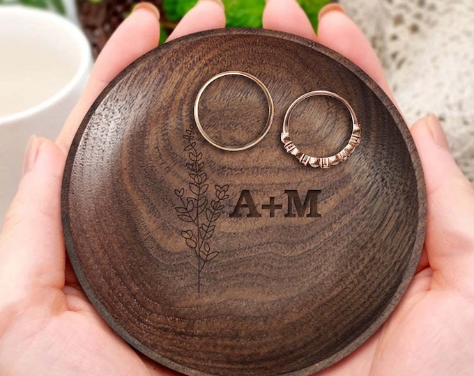 Personalized Floral Wooden Ring Dish: Handmade Engagement Gift