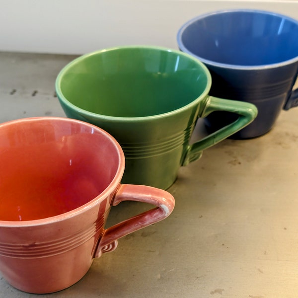 Homer Laughlin Harlequin Tea Cups: blue mauve, medium green, rose set of 3