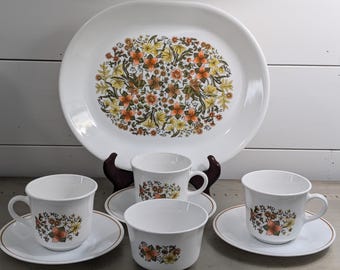 Corelle Indian Summer Like New Tea Cups, Saucers, Sugar Bowl and Platter