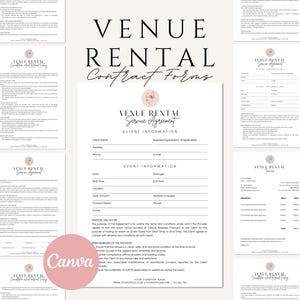 Puede incluir: Un conjunto de formularios de contrato de alquiler de local imprimibles en un estilo minimalista con un diseño floral rosa. Los formularios incluyen secciones para la información del cliente, la información del evento y el propósito y el alcance.