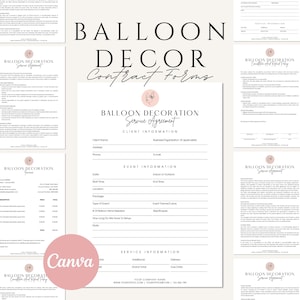 Puede incluir: Un conjunto de formularios de contrato blancos para servicios de decoración con globos. Los formularios incluyen secciones para información del cliente y del evento, detalles del servicio y un acuerdo de servicio. El texto "Balloon Decor Contract Forms" está en la parte superior.