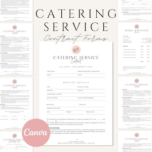 May include: A collection of Catering Service Contract Forms, featuring a clean, minimalist design. The forms include sections for client information, service details, and agreement terms. The text "Catering Service Contract Forms" is prominently displayed.