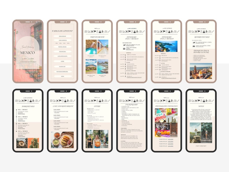 Digital Travel Itinerary Template Canva, Mobile Itinerary Template