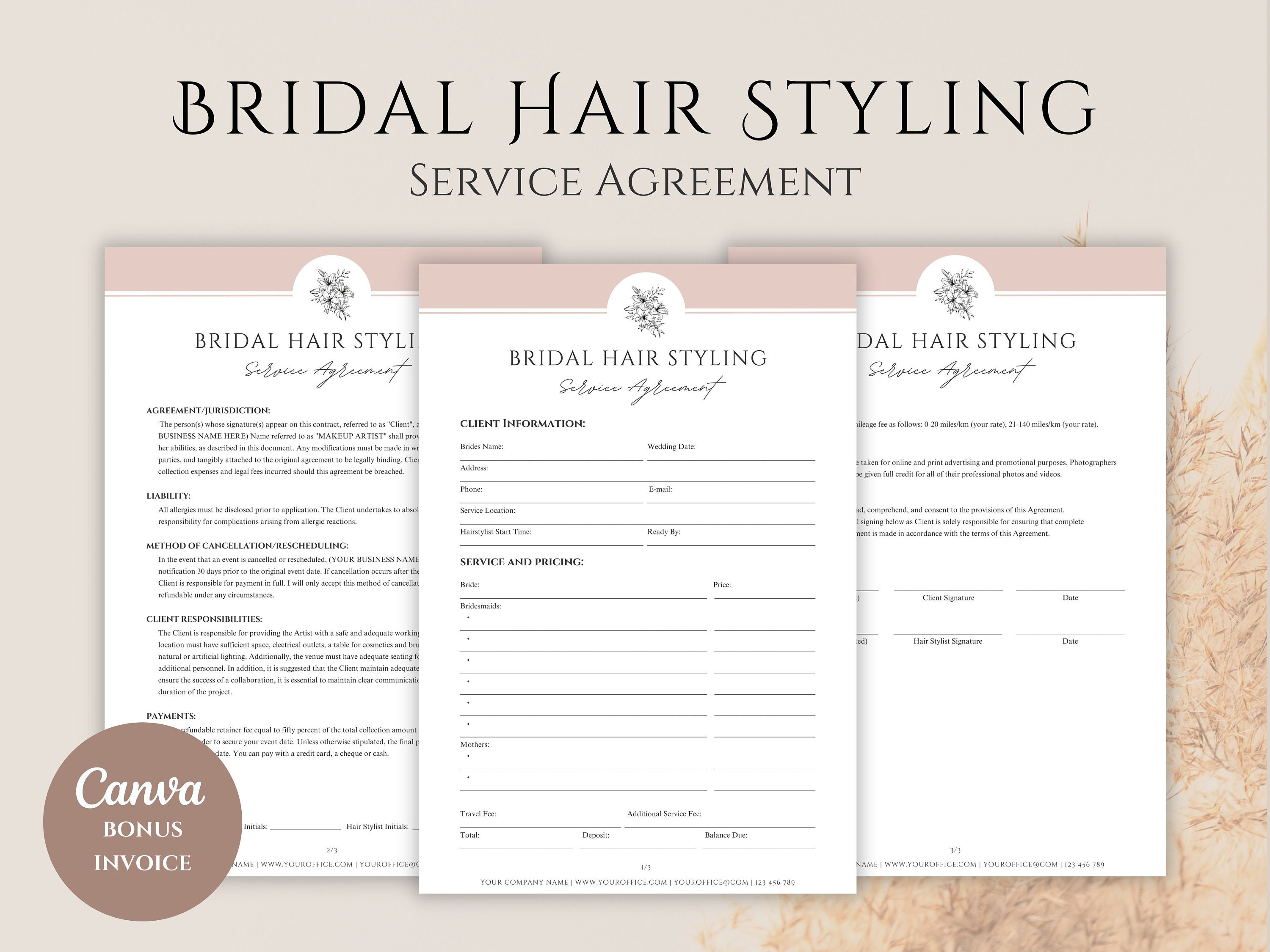 Bridal Hair Contract Template for Hairstylist Freelance Wedding Bridal Bridal Hair Contract Template for Hairstylist Freelance Wedding Bridal