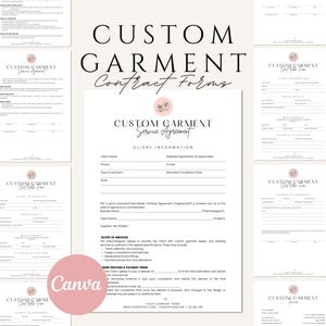 Könnte beinhalten: Ein Satz druckbarer Vertragsformulare für maßgeschneiderte Kleidungsdienste. Die Formulare beinhalten Kundeninformationen, Leistungsumfang, Bestellprozess und Zahlungsbedingungen sowie eine Unterschriftszeile. Die Formulare sind in einem schlichten, modernen Design gehalten und weisen ein rosafarbenes Blumenmuster auf.