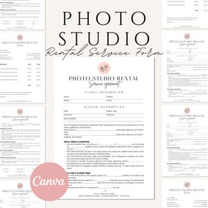 Op de afbeelding: Een wit formulier voor een fotostudio-huurovereenkomst met de titel "PHOTO STUDIO RENTAL Service Agreement" en secties voor klantgegevens en sessiegegevens. Het formulier bevat details over de huurvoorwaarden, betaling en borg.