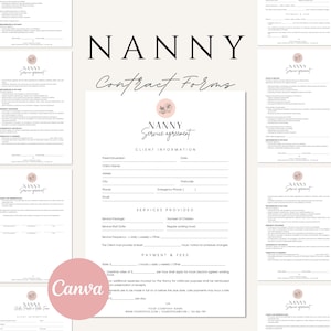 Può includere: Una raccolta di moduli di contratto per tate bianchi con un design minimalista. I moduli includono sezioni per le informazioni sul cliente, i servizi forniti e i dettagli di pagamento. Il testo "Nanny Contract Forms" è visualizzato in modo prominente in alto.