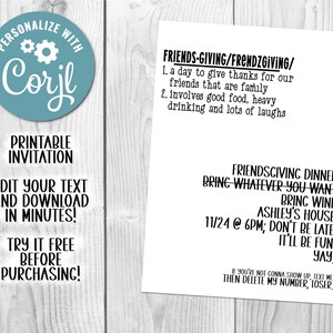 Friendsgiving Definition Funny Simplistic Sarcasm Digital Printable Thanksgiving Dinner Sarcastic B&W Invitation Instant Download Editable