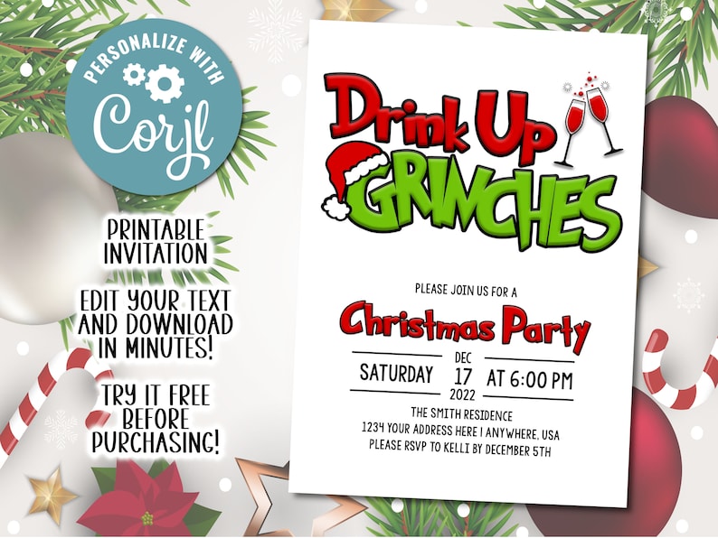 Drink Up Grinches Christmas Party Invitation Digital Printable Christmas Instant Download Editable Holiday Invite Grinch