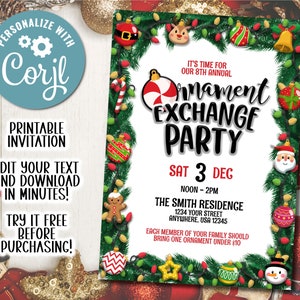 Ornament Exchange Christmas Party Invitation Digital Printable Instant Download Editable Holiday Invite Tree Cartoon Santa Trading Gift
