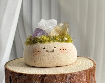 Abundance Tri-Crystal Buddy – Citrine, Amethyst & Clear Quartz, Handmade Feng Shui Decor, Cute Healing Gift