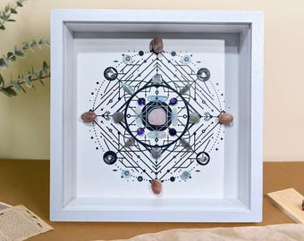 Cornice di matrice energetica in quarzo rosa, cornice di griglia di cristallo di manifestazione, decorazione di potenziamento energetico da 8,6&#39;&#39;