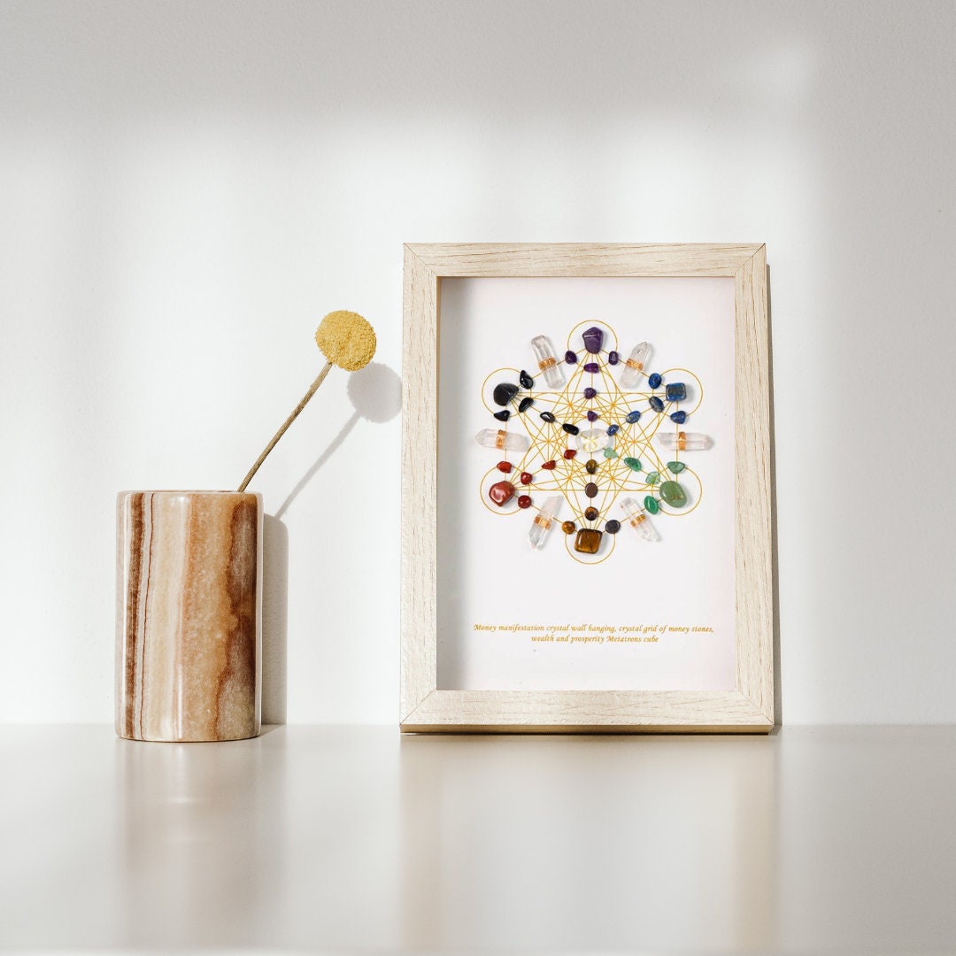 Manifestation Crystal Grid Wooden Frame | Chakra Balance Energy | Wall Art Gift | Wealth Attraction at Home or Office