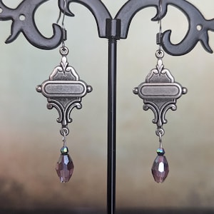Art Deco Earrings: Antique Silver Tone & Crystal, Vintage Style