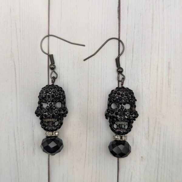 Skull Black Rhinestone Earrings, Handmade Unique Earrings, Dark Glamour Accessories, Creepy Jewelry for the Halloween or Goth Enthusiast