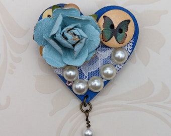 Vintage Inspired Heart Shaped Wood Handmade Brooch