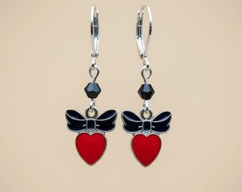 Gothic Red Heart Earrings – Black Bow Victorian Inspired Dangles