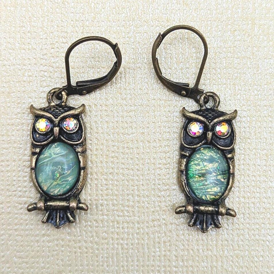 Owl Earrings: Faux Opal & Rhinestone Lever Back Earrings