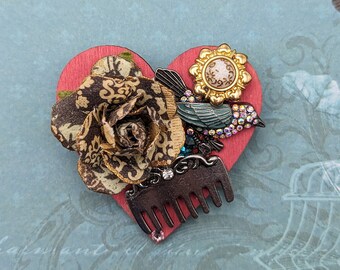 Romantic Heart Brooch, Fabric Rose and Vintage Style Assemblage Pin