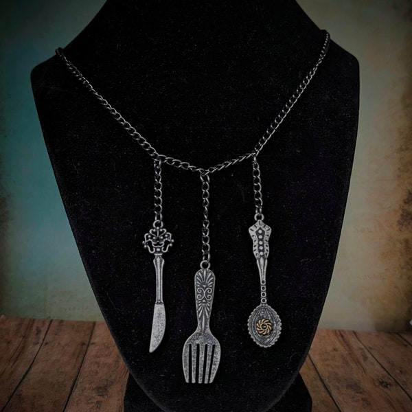 Unique Utensil Necklace, Fork, Knife, Spoon Charms, Silverware Pendant Necklace for Quirky Jewelry Lovers, Gift for the Foodie