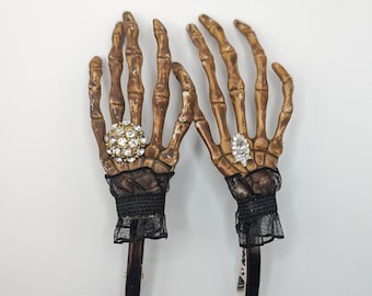 Set of Two Gold Skeleton Hand Hair Clips, Rhinestone Spooky  display picture 1