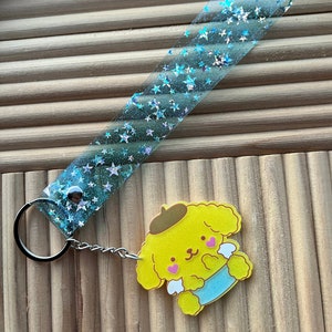 Pompom keychain with sparkly star vinyl strap / kawaii keychains / kawaii gifts