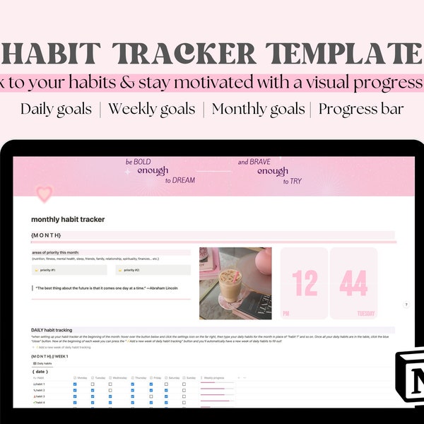 Notion Habit Tracker Template // Aesthetic Notion Productivity Tracker, Digital Habit Tracking, Daily Habits, Weekly Habits, Monthly Habits