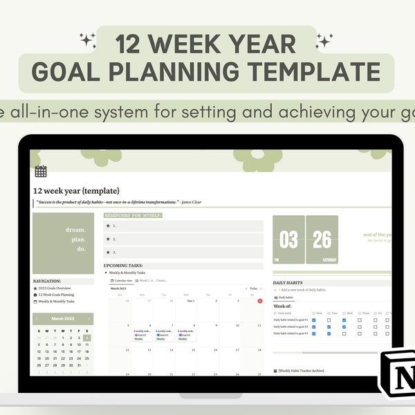 Notion Goal Setting Template /Notion 12 Week Year Goal Planner, 2023 Goal Setting, Yearly Goals, Vision Board, Goal Tracking, Productivity