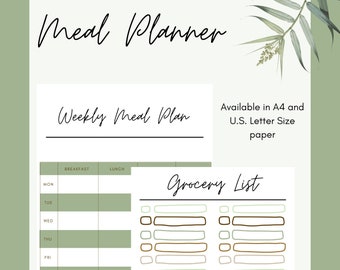 May include: A printable meal planner with a green background and a floral design. The planner includes a weekly meal plan with sections for breakfast and lunch, and a grocery list with checkboxes and spaces to write in items.