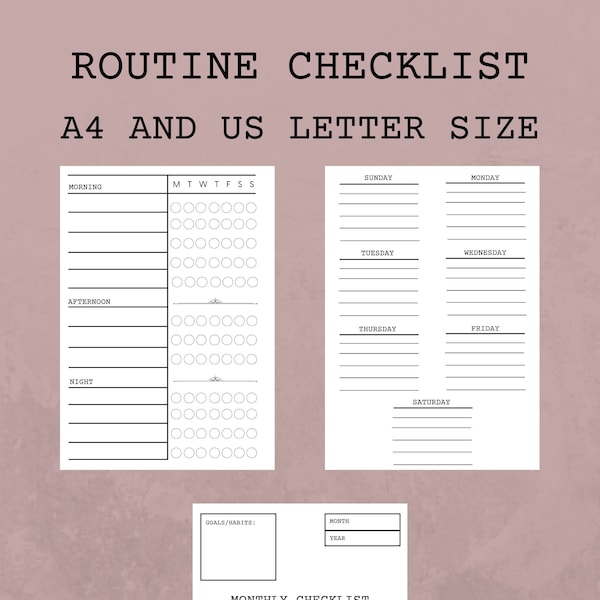 Routine Checklist Digital Download, Printable Planner, Daily Routine Template, Minimalistic Weekly Routine Insert, A4 and US Letter Size