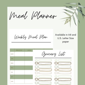 Puede incluir: Un planificador de comidas imprimible con un fondo verde y un diseño floral. El planificador incluye un plan de comidas semanal con secciones para el desayuno y el almuerzo, y una lista de la compra con casillas de verificación y espacios para escribir artículos.