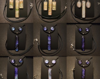 drips Wearable Art pendant & earrings set (acrylic paint, glass, stainless steel, leather)