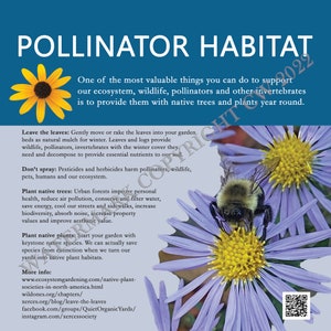 May include: A purple flower with a yellow center and a bumblebee on it. The text on the poster reads "Pollinator Habitat" and explains how to create a pollinator-friendly garden.