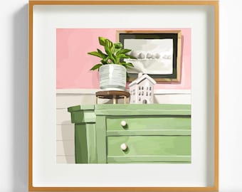 Green Dresser and Plant Art Print Digital Download