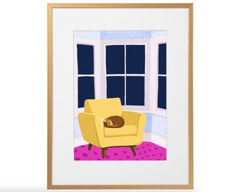 Sleeping Cat in Yellow Chair Art Print DIGITAL DOWNLOAD