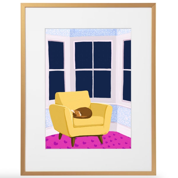 Sleeping Cat in Yellow Chair Art Print DIGITAL DOWNLOAD