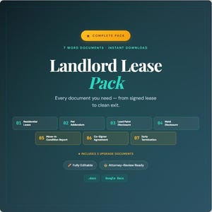 May include: A teal graphic with the words "Landlord Lease Pack" in white. The pack includes 7 word documents for instant download, including a residential lease, pet addendum, and lead paint disclosure. The pack is fully editable and attorney-review ready.