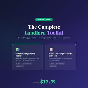 Puede incluir: Gráfico digital que promociona "The Complete Landlord Toolkit". La imagen presenta el texto "BUNDLE & SAVE" y "The Complete Landlord Toolkit". Incluye secciones para Rental Property Finance Tracker y Tenant Screening Checklist & Scorecard.